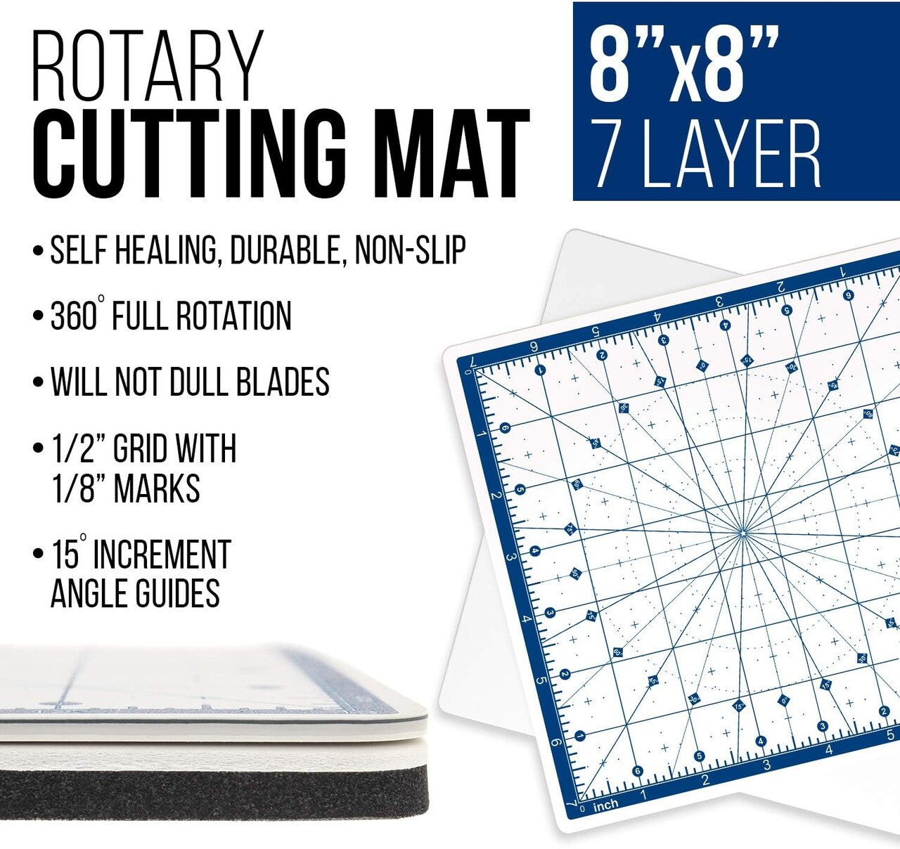 8" x 8" Rotary WHITE/BLUE High Contrast Professional Self Healing 7-Layer Durable Non-Slip Cutting Mat Great for Scrapbooking, Quilting, Sewing and all Arts & Crafts Projects